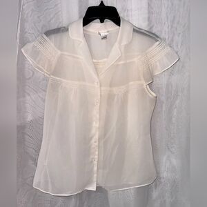 LOFT White Flutter Sleeve Blouse with Ruffled Details